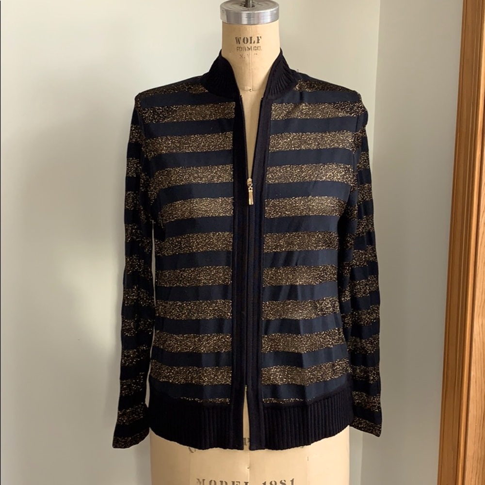 Misook- shadow stripe zip front cardigan